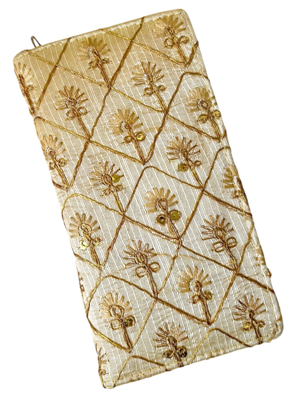 Gold Zipper Wallet Clutch Sequin Embroidered Tropical 3 Section Zipper Coin NEW